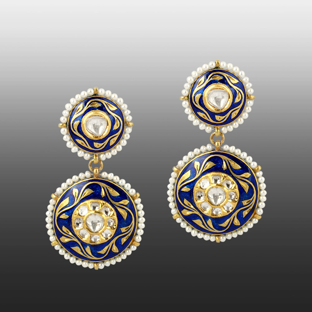 Indigo Enamel Earrings with Polki Diamonds and Pearl Border